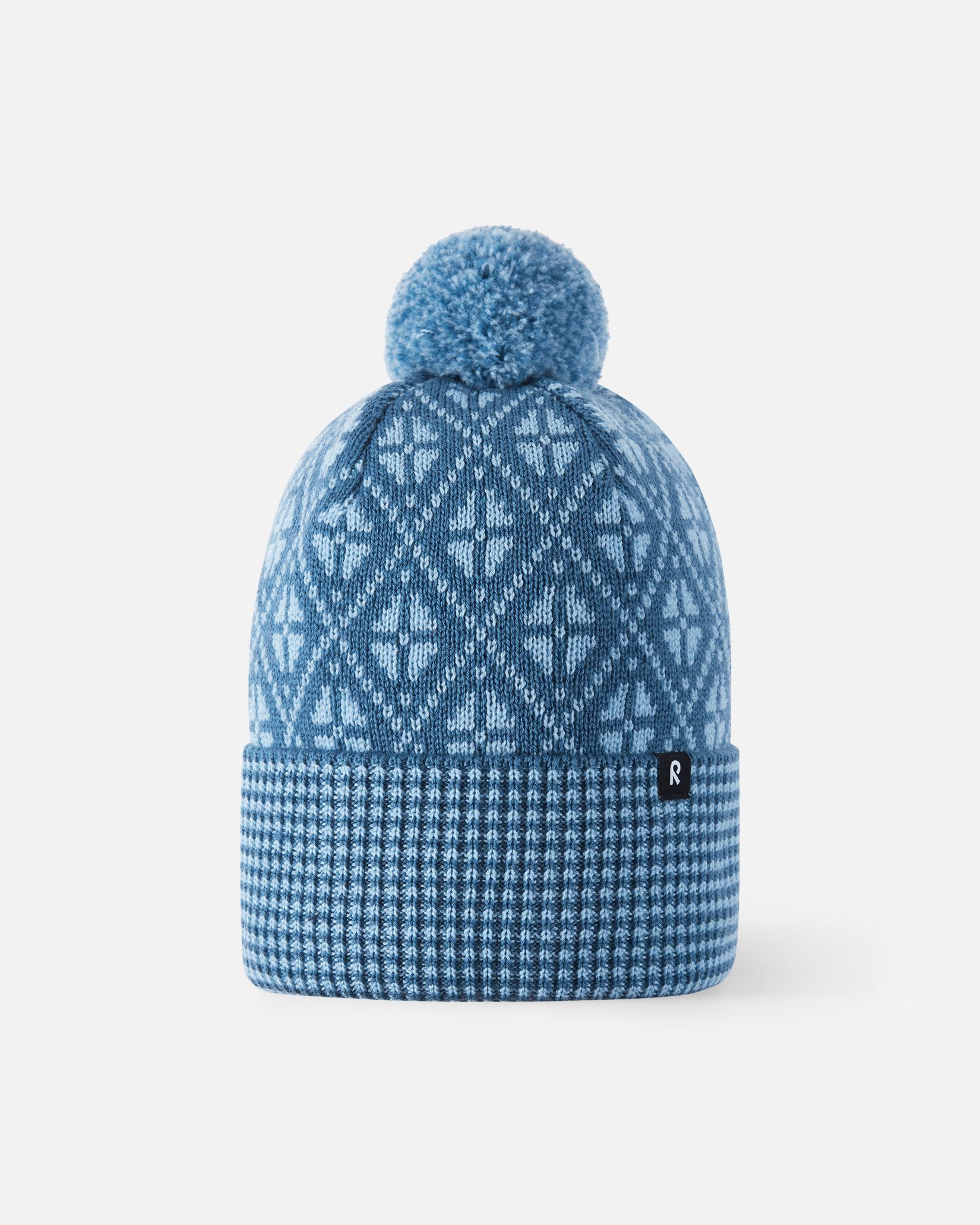 Front view of Reima Kuurassa kids' merino wool winter hat in blue ocean.