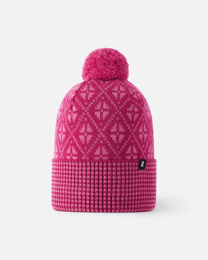 Front view of Reima Kuurassa kids' merino wool winter hat in rosy berry.
