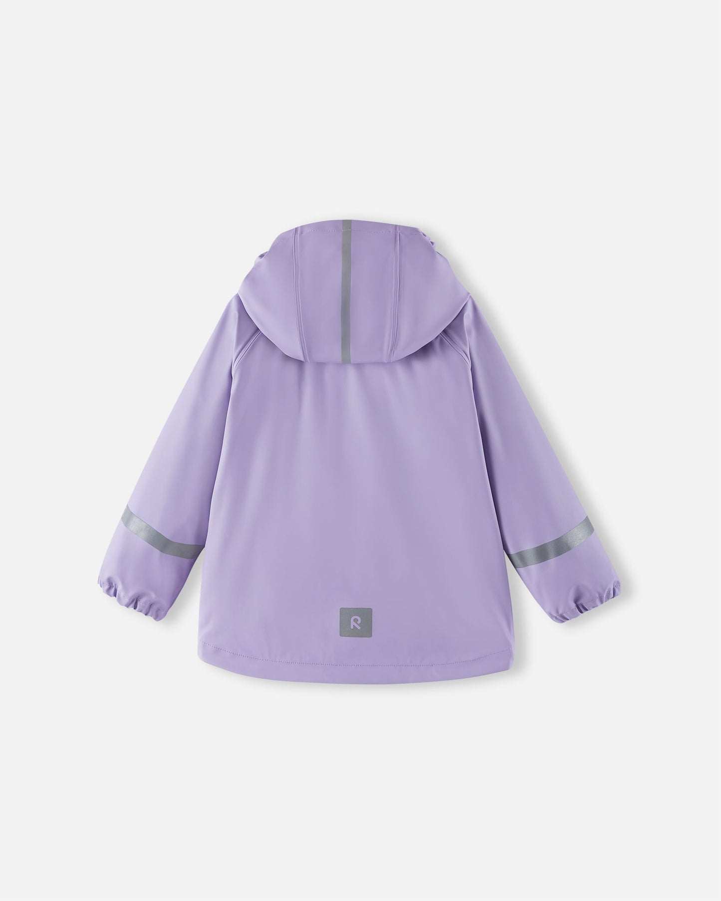 Full back view of the Reima Lampi kids' raincoat in blooming lilac, showcasing essential 360-degree safety visibility for dark or rainy days, including a reflective stripe on the hood, reflective bands around the arms, and a reflective Reima logo patch on the lower back hem.