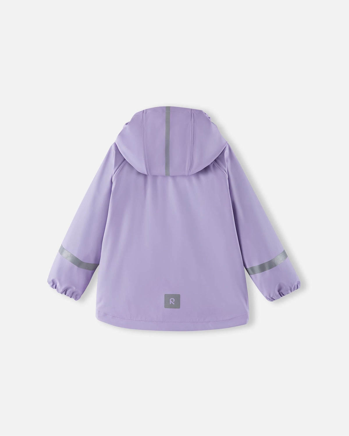 Full back view of the Reima Lampi kids' raincoat in blooming lilac, showcasing essential 360-degree safety visibility for dark or rainy days, including a reflective stripe on the hood, reflective bands around the arms, and a reflective Reima logo patch on the lower back hem.