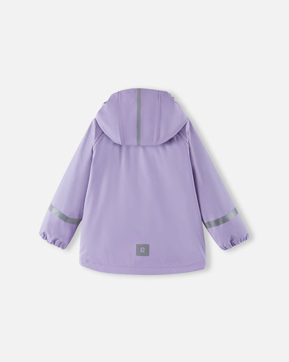 Full back view of the Reima Lampi kids' raincoat in blooming lilac, showcasing essential 360-degree safety visibility for dark or rainy days, including a reflective stripe on the hood, reflective bands around the arms, and a reflective Reima logo patch on the lower back hem.