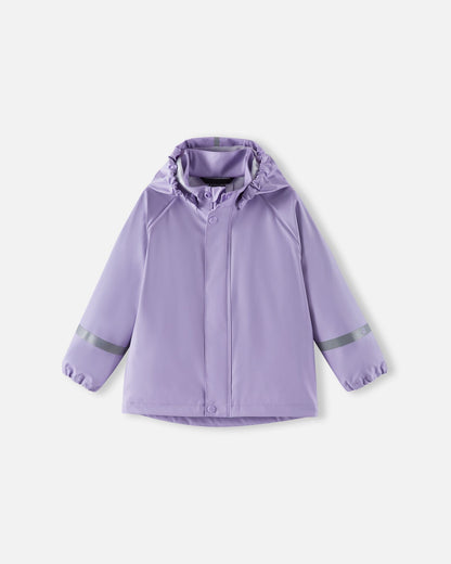 Front view of the Reima Lampi kids' raincoat in a vibrant blooming lilac color, featuring a fully waterproof exterior, a protective snap-button storm flap over the center zipper to block wind, and high-visibility reflective safety bands on both sleeves.