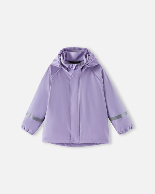 Front view of the Reima Lampi kids' raincoat in a vibrant blooming lilac color, featuring a fully waterproof exterior, a protective snap-button storm flap over the center zipper to block wind, and high-visibility reflective safety bands on both sleeves.