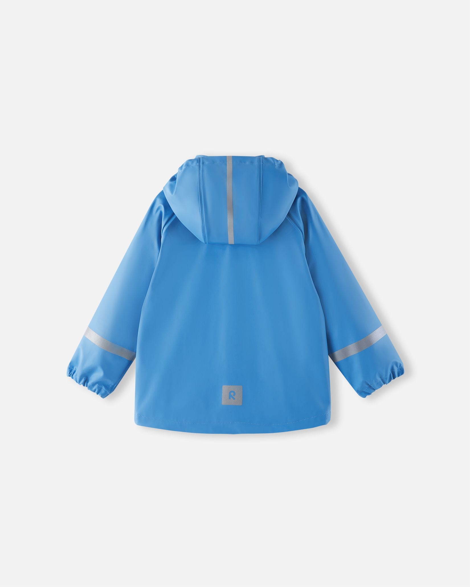 Back view of the Reima Lampi kids' raincoat in cool blue, highlighting essential safety features for dark, rainy days, including a highly visible reflective stripe on the hood, reflective bands around both sleeves, and a reflective Reima logo patch on the lower back hem.