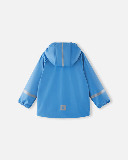Back view of the Reima Lampi kids' raincoat in cool blue, highlighting essential safety features for dark, rainy days, including a highly visible reflective stripe on the hood, reflective bands around both sleeves, and a reflective Reima logo patch on the lower back hem.