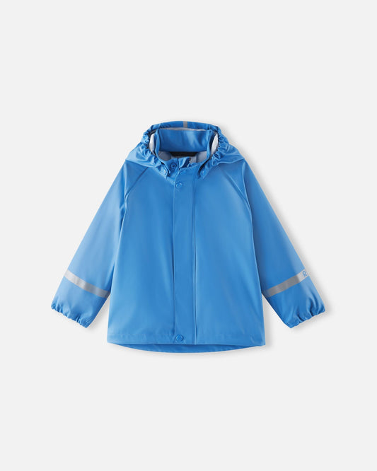 Front view of the Reima Lampi kids' raincoat in a solid cool blue color, featuring a completely waterproof design with a protective snap-button storm flap over the center zipper, snug elasticized cuffs to keep out rain, high-visibility reflective safety bands on the sleeves, and a child-safe detachable hood.