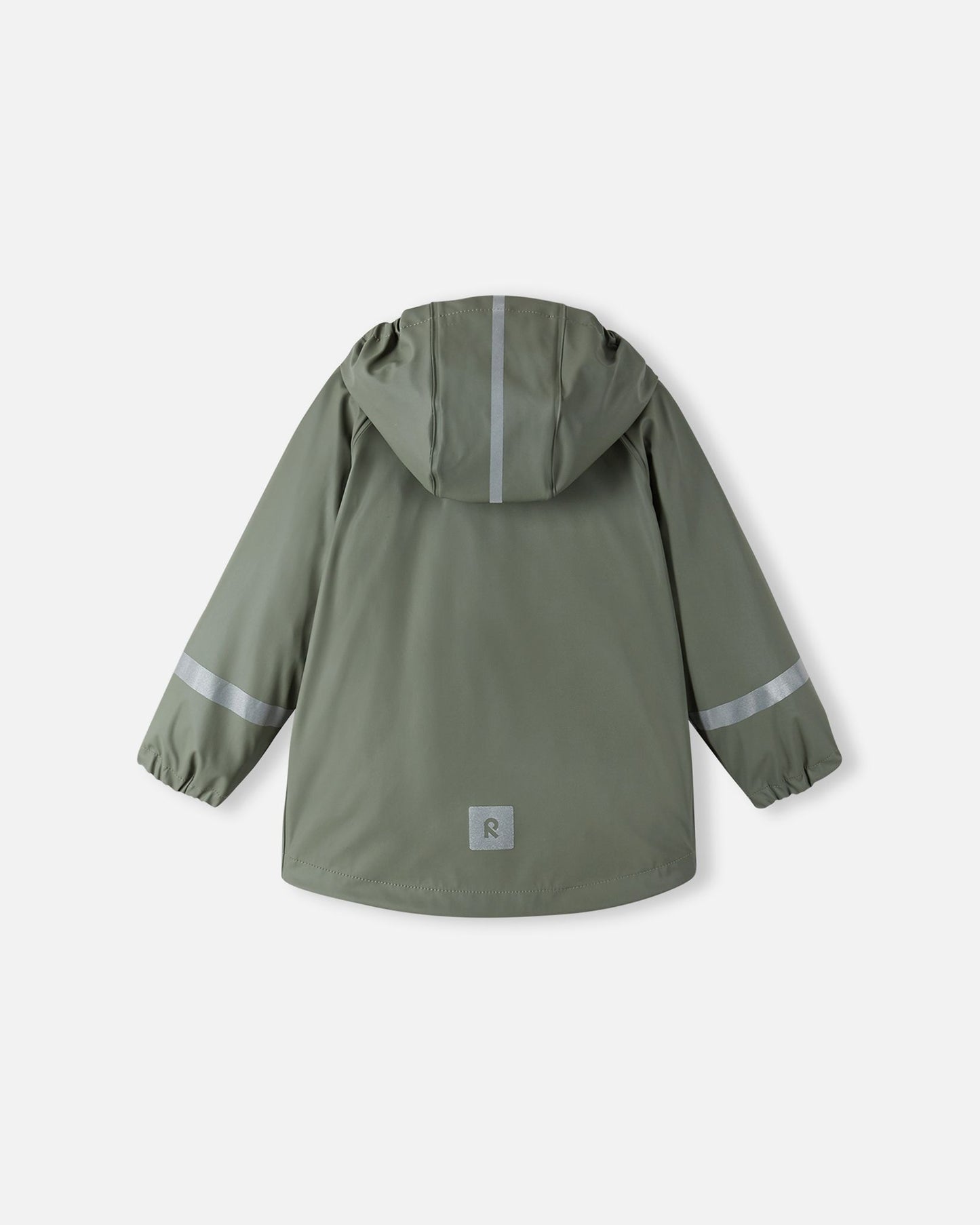 Full back view of the Reima Lampi kids' raincoat in greyish-green, highlighting the 360-degree safety visibility provided by the reflective stripe on the hood, dual reflective bands on the arms, and a reflective Reima logo patch located on the lower back hem.