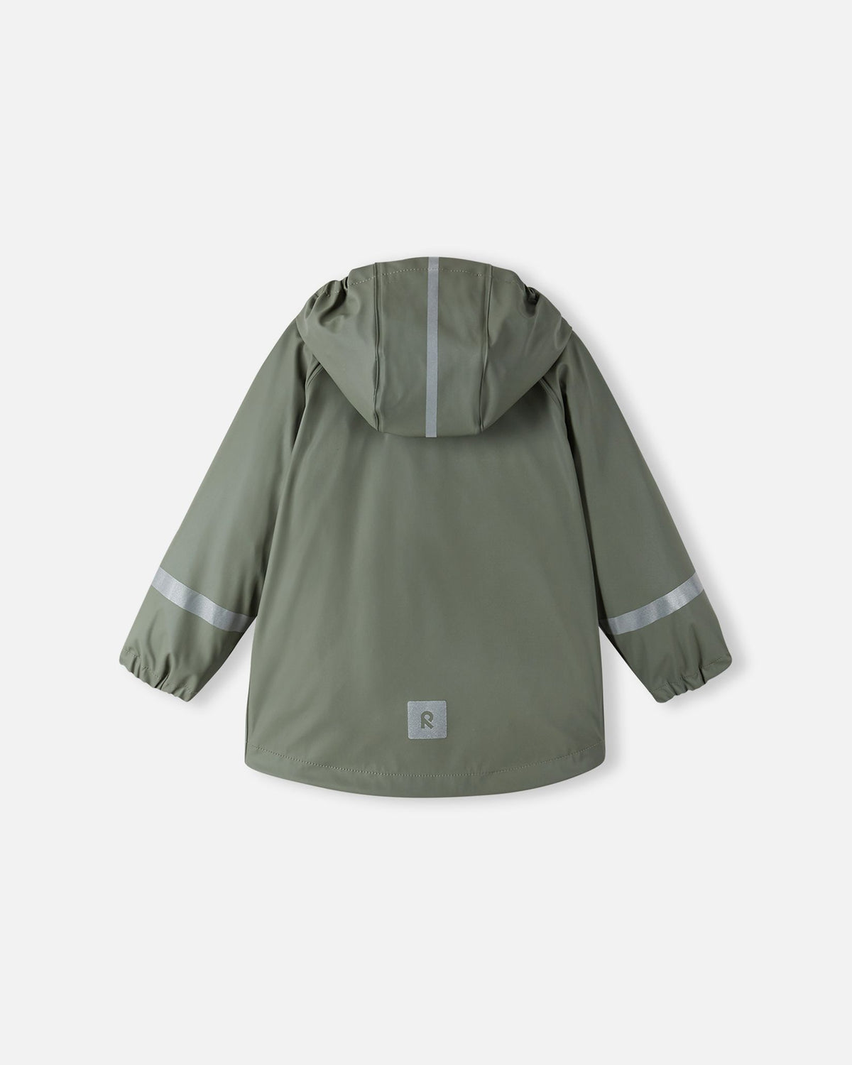 Full back view of the Reima Lampi kids' raincoat in greyish-green, highlighting the 360-degree safety visibility provided by the reflective stripe on the hood, dual reflective bands on the arms, and a reflective Reima logo patch located on the lower back hem.