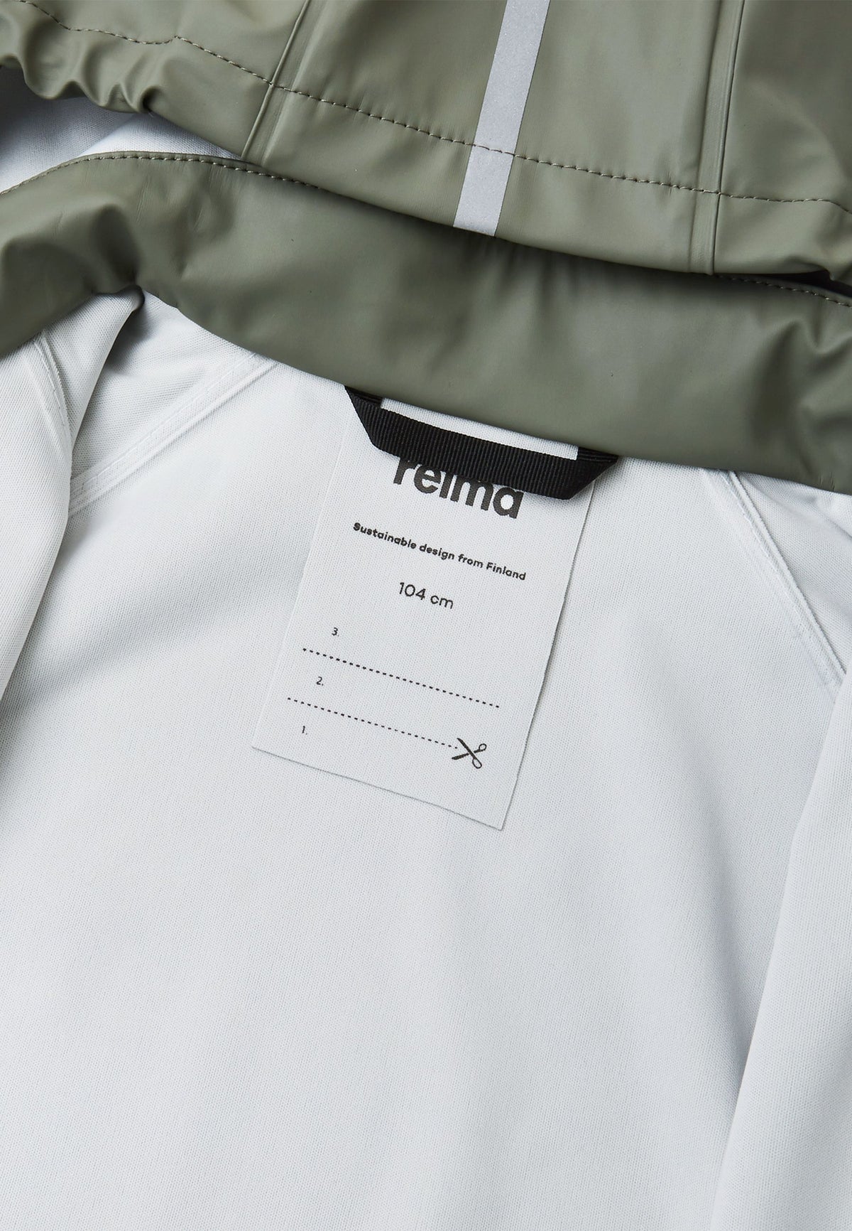 Close-up view of the interior collar on the Reima Lampi greyish-green raincoat, highlighting the sturdy black hanging loop and a built-in customizable name tag with designated lines, making it easy for parents to identify at daycare or school.