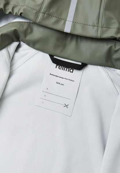 Close-up view of the interior collar on the Reima Lampi greyish-green raincoat, highlighting the sturdy black hanging loop and a built-in customizable name tag with designated lines, making it easy for parents to identify at daycare or school.