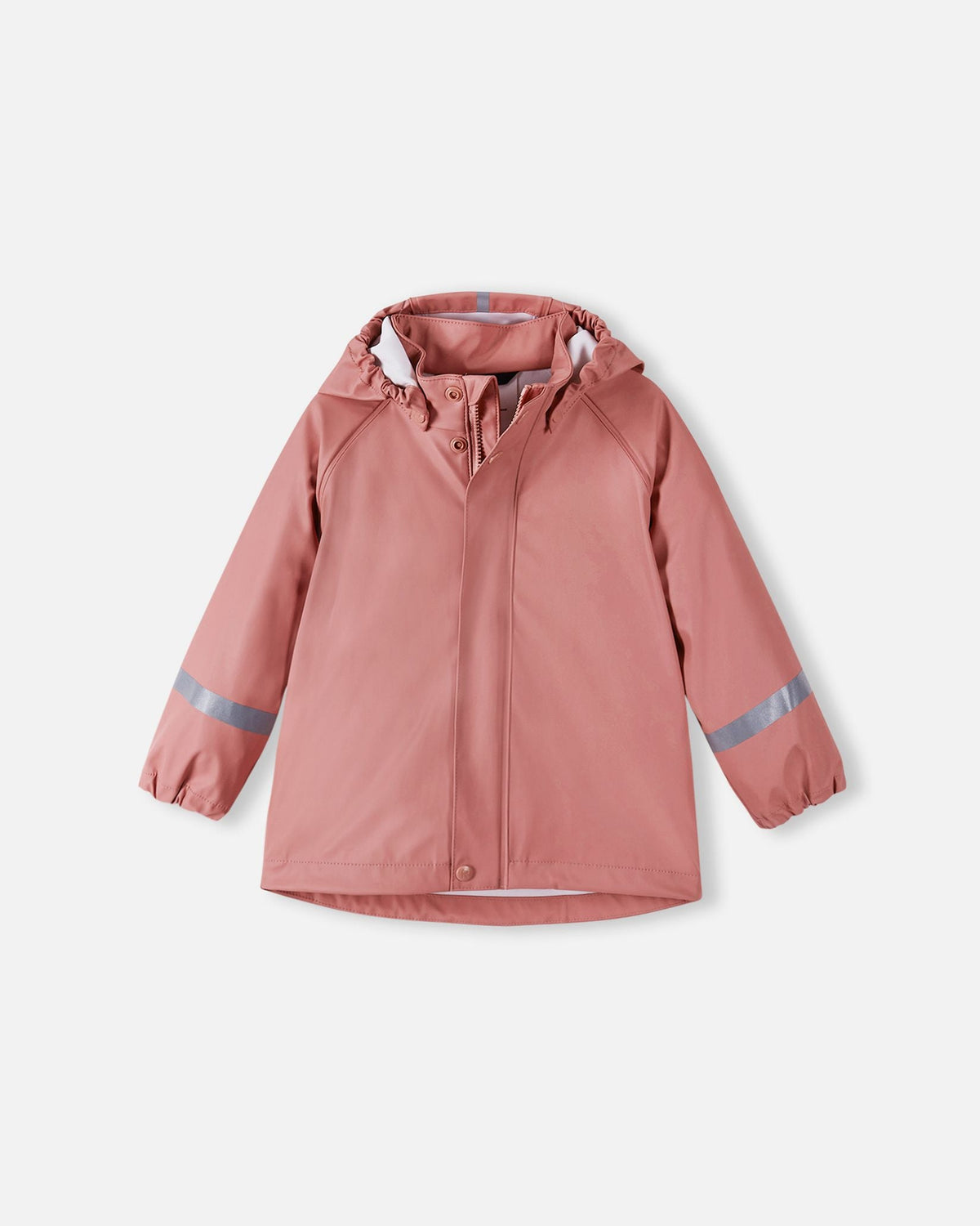 Front view of the Reima Lampi kids' raincoat in a soft rose blush color, featuring a fully waterproof exterior, a protective snap-button storm flap over the center zipper, and highly visible reflective safety bands on both sleeves to keep children safe in dark weather.