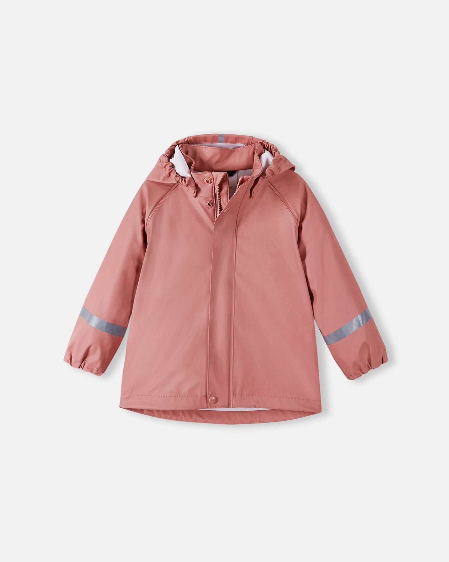 Front view of the Reima Lampi kids' raincoat in a soft rose blush color, featuring a fully waterproof exterior, a protective snap-button storm flap over the center zipper, and highly visible reflective safety bands on both sleeves to keep children safe in dark weather.