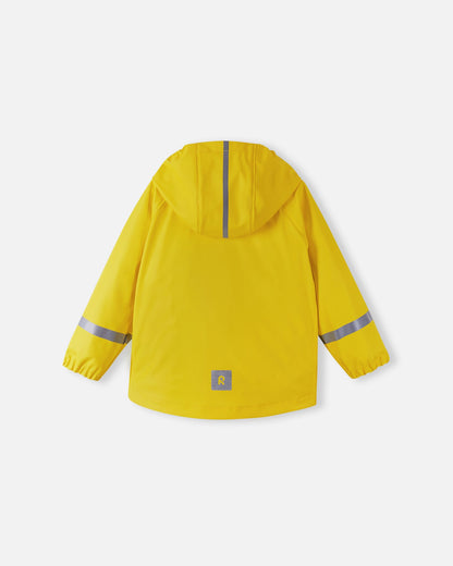 Back view of the Reima Lampi kids' raincoat in yellow, emphasizing multiple safety visibility features including a reflective stripe on the hood, reflective bands on the arms, and a reflective Reima logo patch near the lower back hem.
