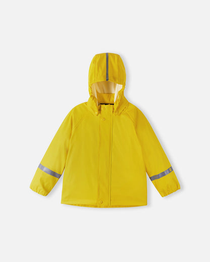 Full front view of the Reima Lampi kids' raincoat in yellow with the hood pulled up, showcasing the jacket's complete rain coverage, snug elasticized cuffs to keep water out, and reflective sleeve bands for maximum visibility.