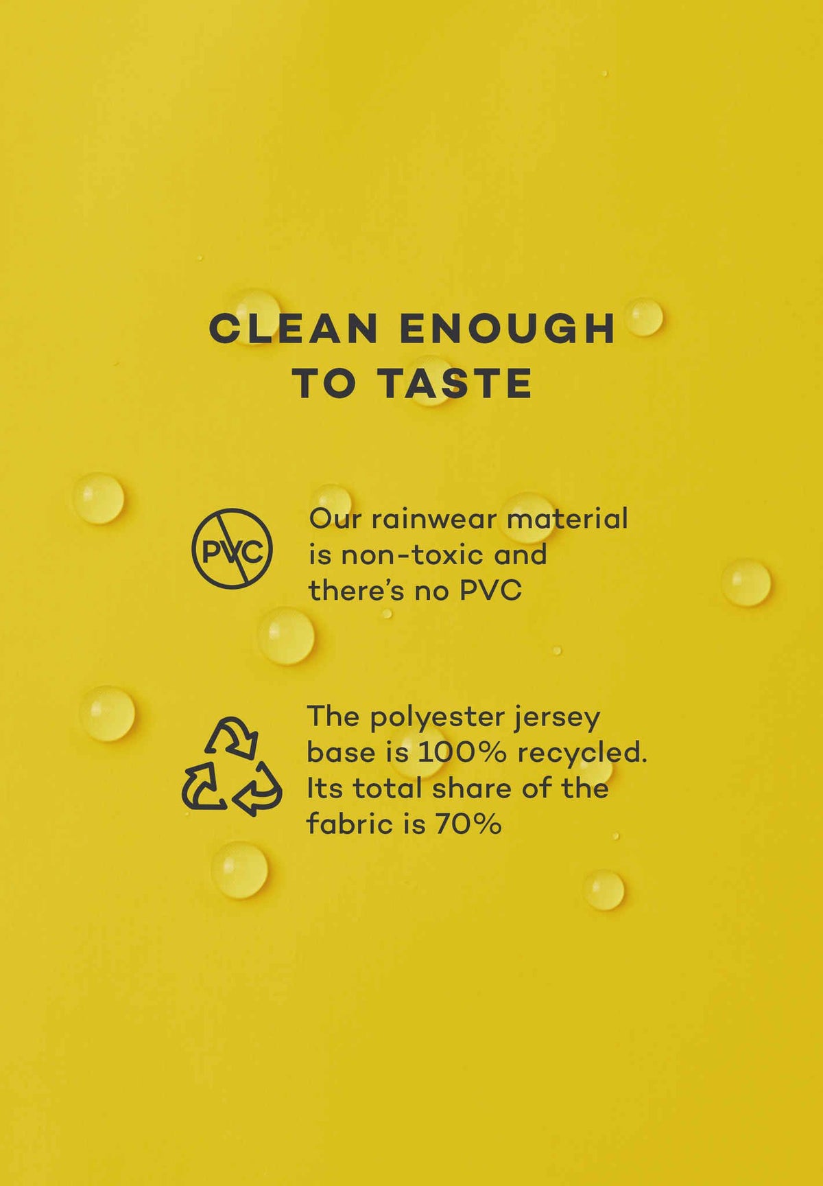 Informational graphic detailing the eco-friendly and child-safe construction of the Reima Lampi raincoat. The text highlights that the waterproof material is non-toxic and 100% PVC-free, featuring a comfortable interior polyester jersey base made entirely from recycled fibers.