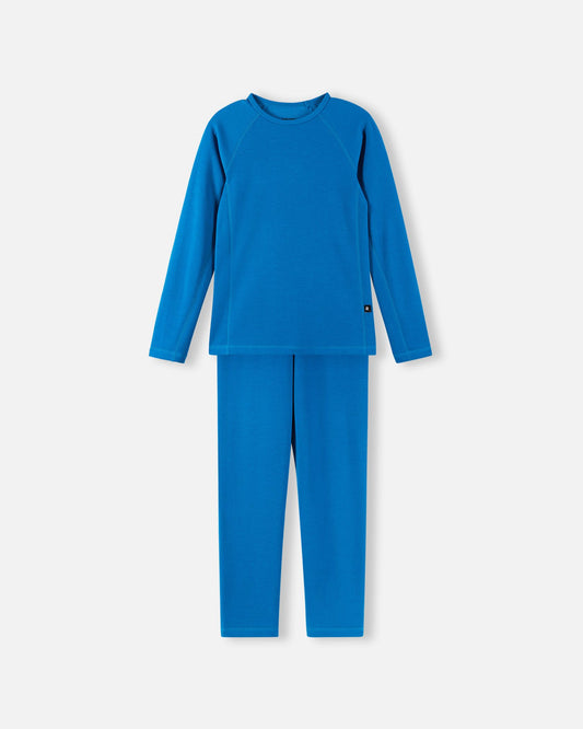 Front view of the Reima Lani kids' moisture-wicking Thermolite base layer set in bright blue, featuring a long-sleeve thermal top and matching leggings for cold-weather outdoor activities.