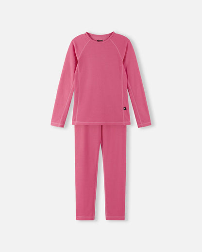 Front view of the Reima Lani kids' moisture-wicking Thermolite base layer set in soft coral, featuring a thermal long-sleeve top and matching leggings designed for cold-weather layering.