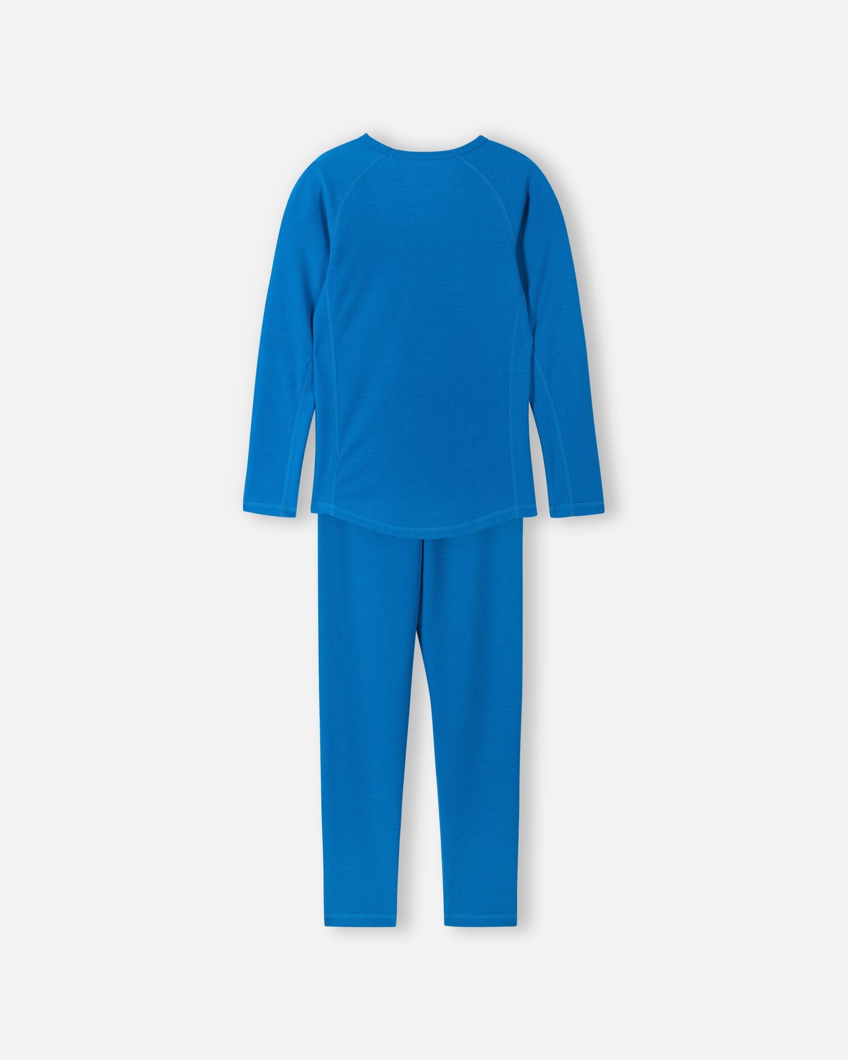 Back view of the bright blue Reima Lani kids' thermal base layer set, showcasing the seamless-comfort fit and breathable fabric designed for active layering.