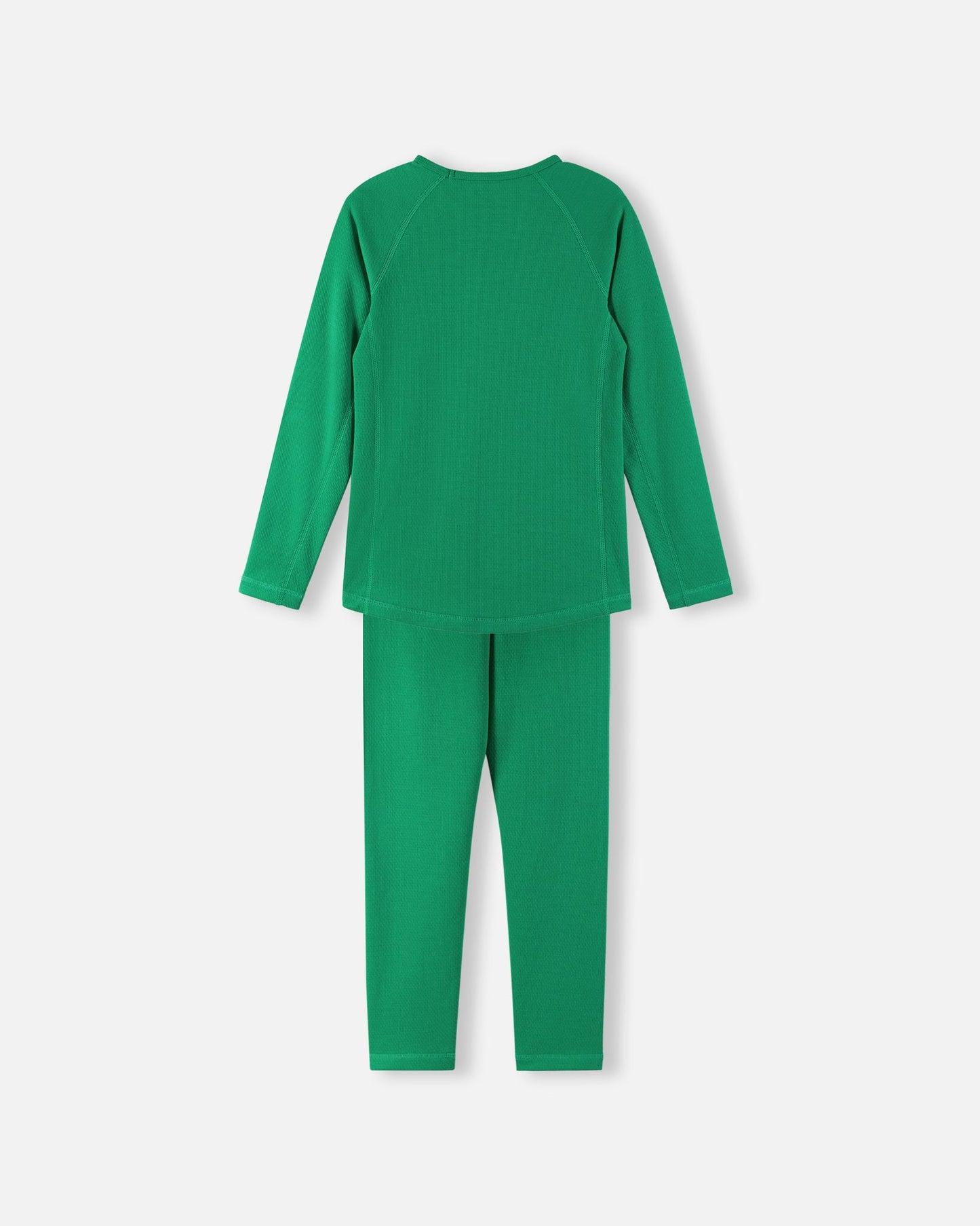 Back view of the green Reima Lani kids' thermal base layer set, showcasing the seamless-comfort fit and breathable design for active layering.