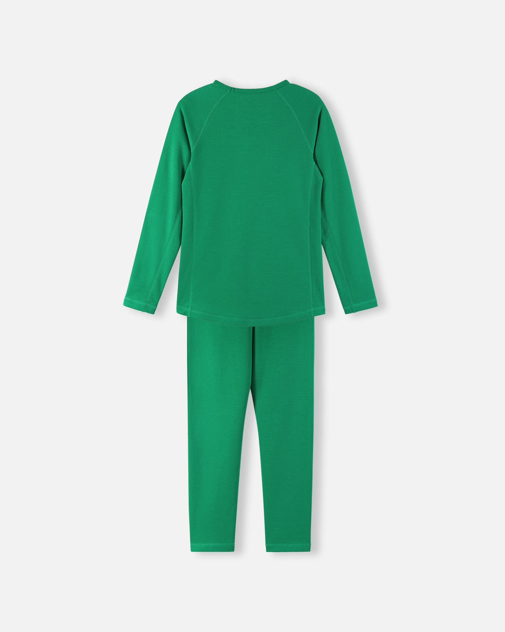 Back view of the green Reima Lani kids' thermal base layer set, showcasing the seamless-comfort fit and breathable design for active layering.