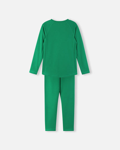Back view of the green Reima Lani kids' thermal base layer set, showcasing the seamless-comfort fit and breathable design for active layering.