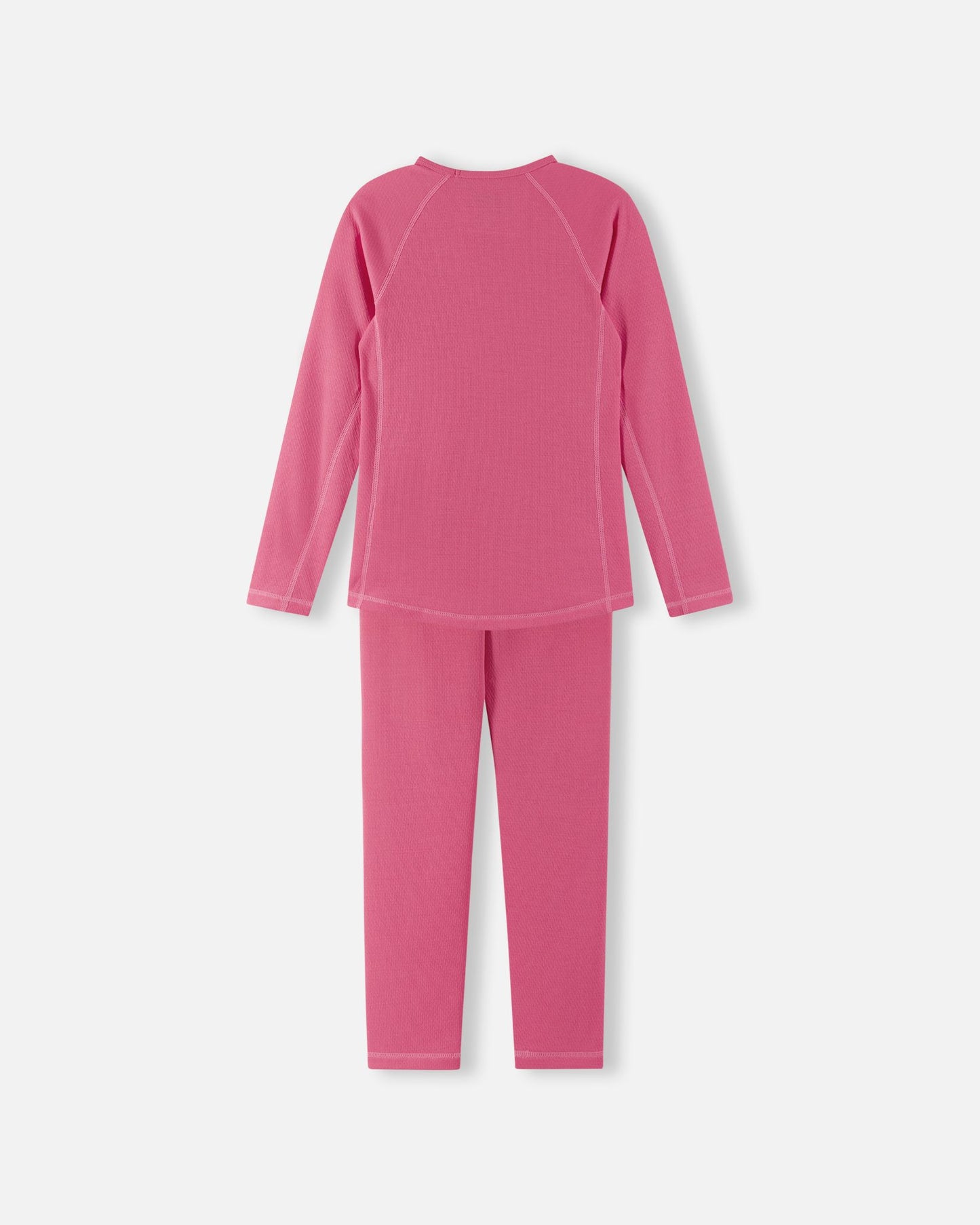Back view of the soft coral Reima Lani kids' thermal base layer set, showcasing the smooth, chafing-free flatlock seams and active fit.