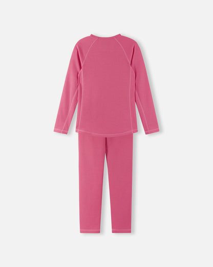 Back view of the soft coral Reima Lani kids' thermal base layer set, showcasing the smooth, chafing-free flatlock seams and active fit.