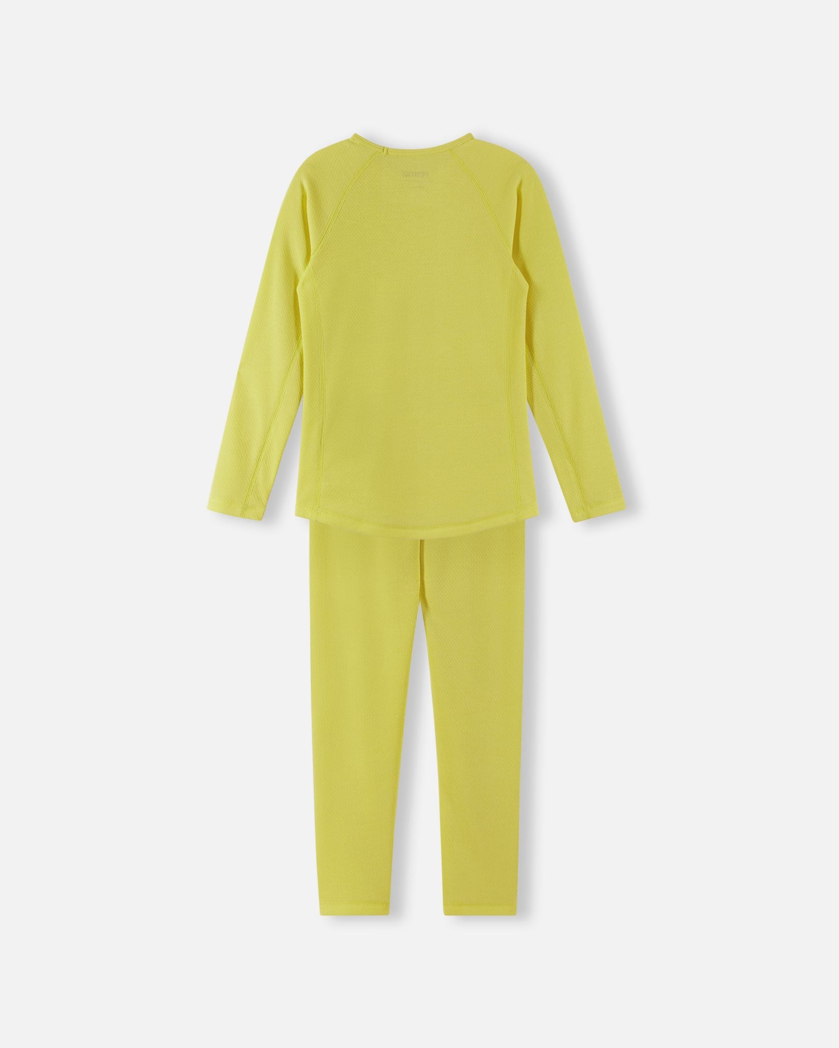 Back view of the yellow Reima Lani kids' thermal base layer set, showcasing the smooth, chafing-free flatlock seams and active fit for winter layering.
