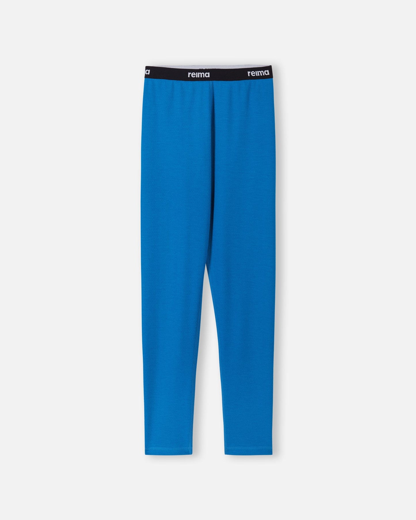 Front view of the bright blue Reima Lani kids' thermal base layer leggings, featuring a comfortable elastic waistband with clear Reima branding.