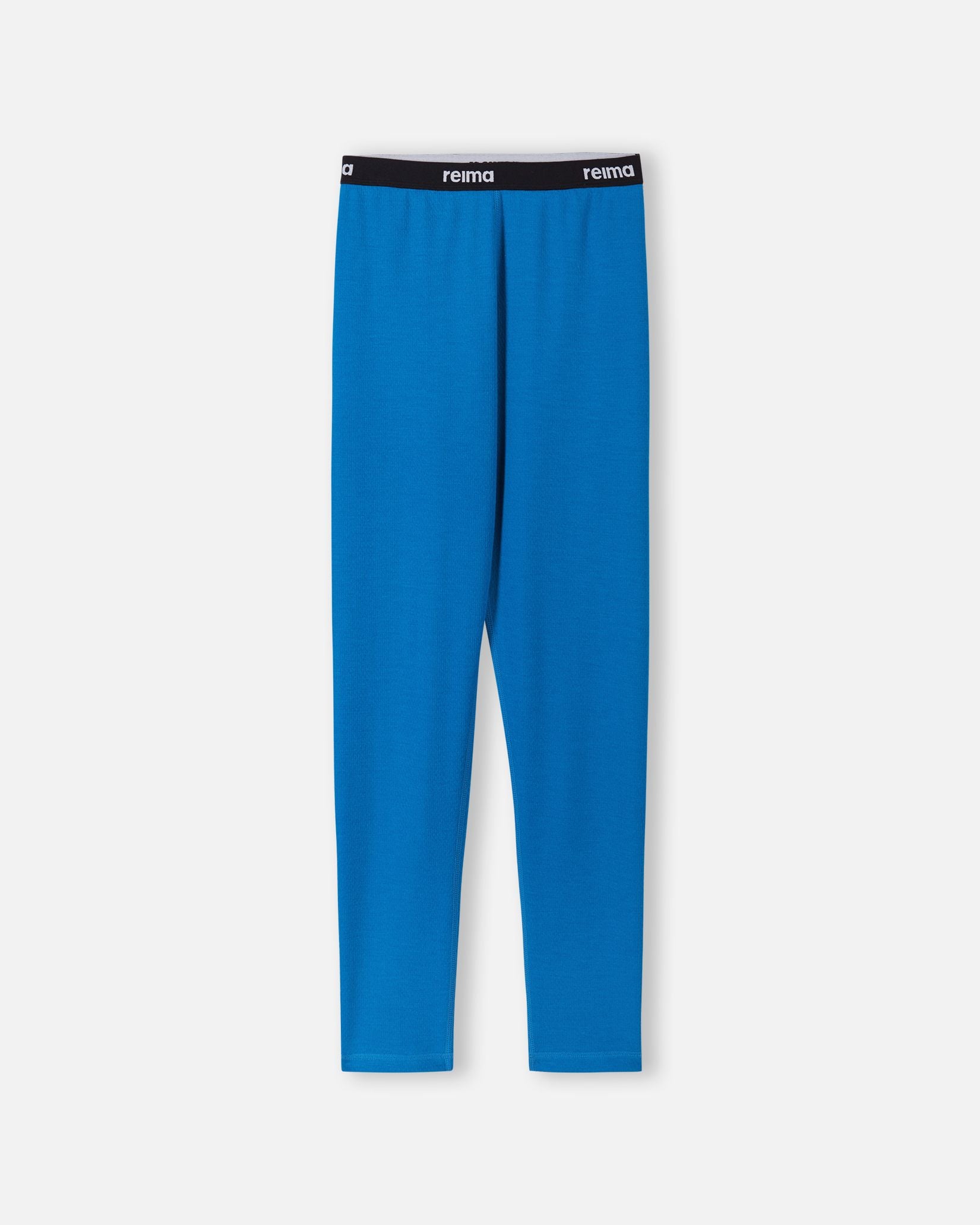 Front view of the bright blue Reima Lani kids' thermal base layer leggings, featuring a comfortable elastic waistband with clear Reima branding.