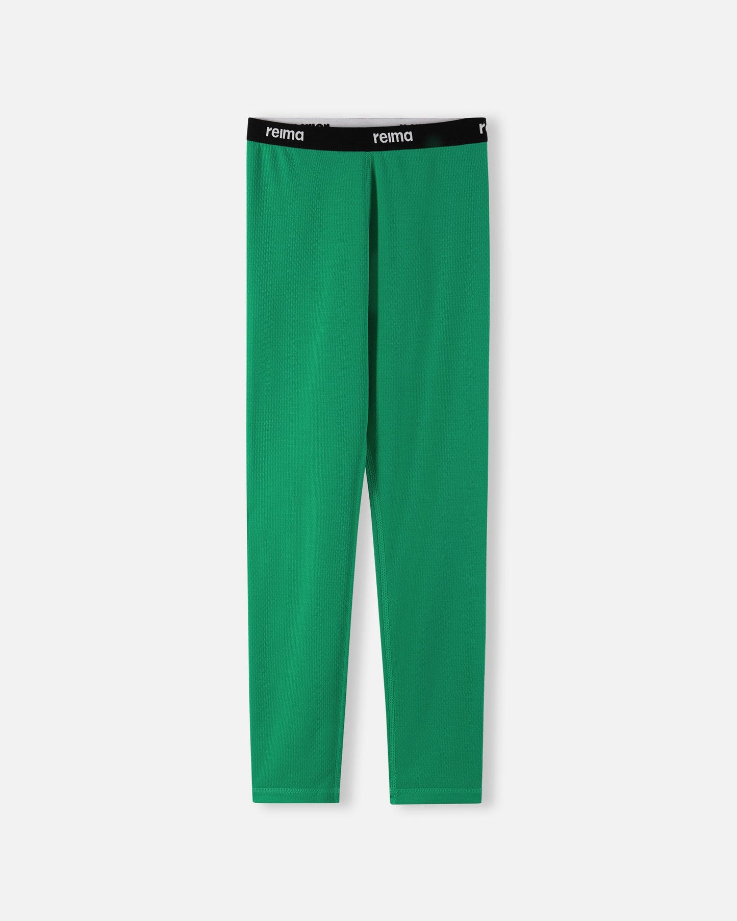 Front view of the green Reima Lani kids' thermal base layer leggings, featuring a comfortable elastic waistband with clear Reima branding.