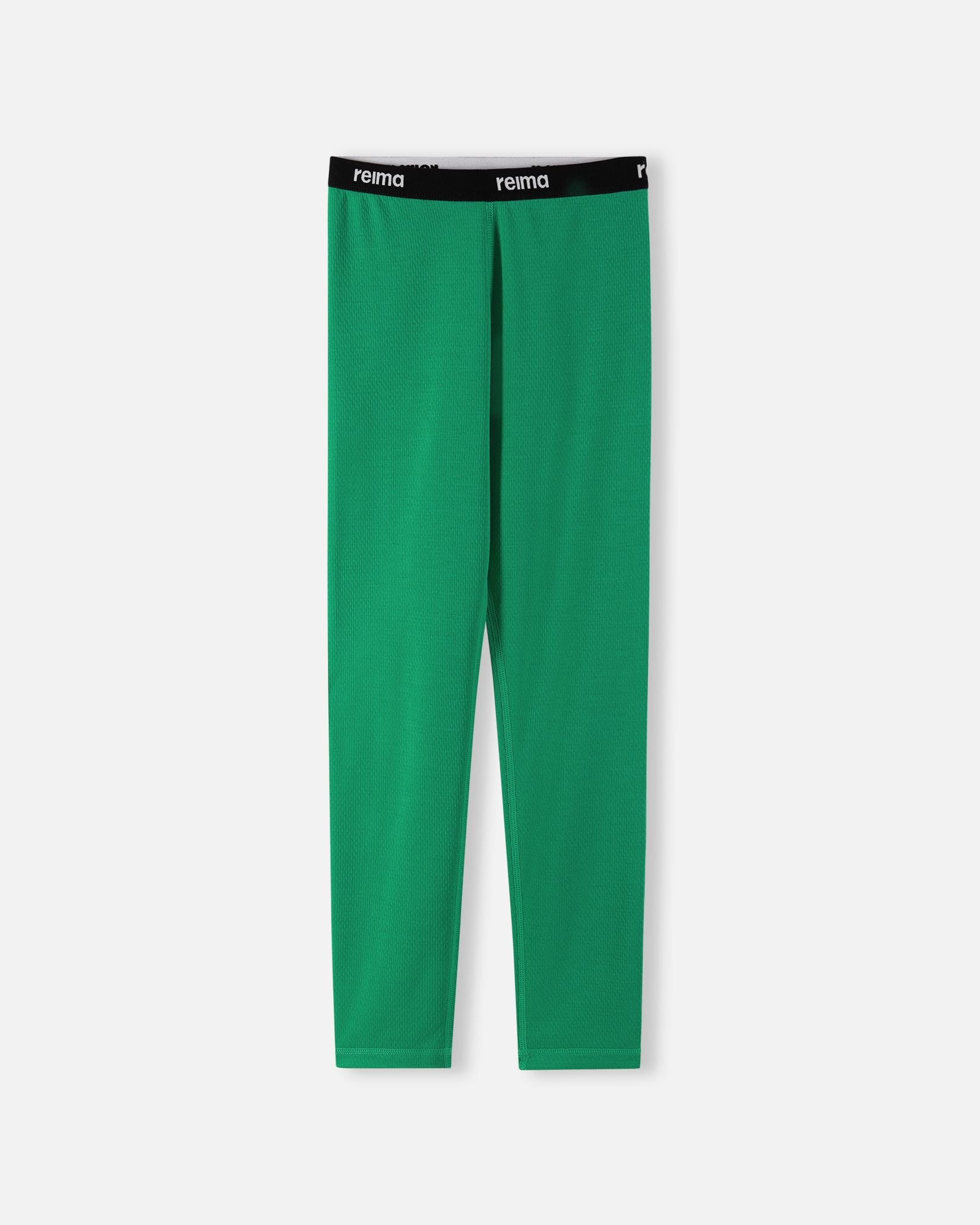 Front view of the green Reima Lani kids' thermal base layer leggings, featuring a comfortable elastic waistband with clear Reima branding.