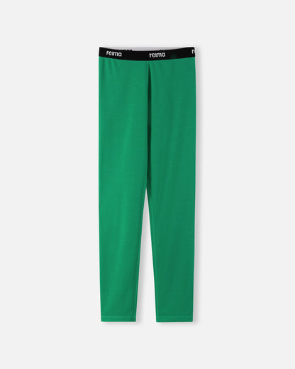 Front view of the green Reima Lani kids' thermal base layer leggings, featuring a comfortable elastic waistband with clear Reima branding.
