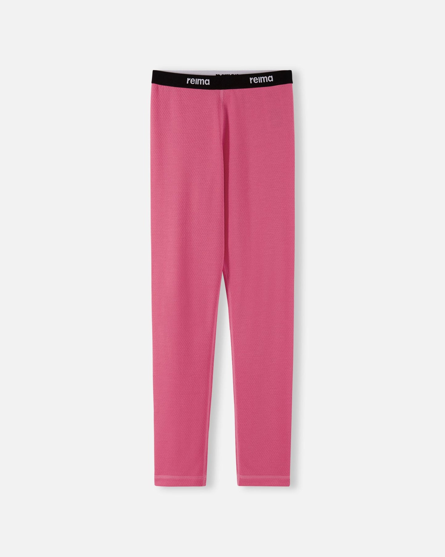 Front view of the soft coral Reima Lani kids' thermal base layer leggings, featuring a comfortable elastic waistband with clear Reima branding.