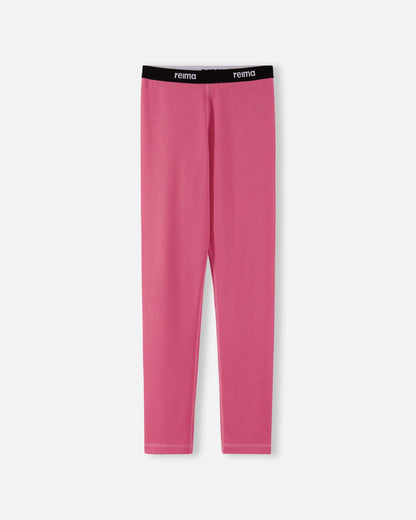 Front view of the soft coral Reima Lani kids' thermal base layer leggings, featuring a comfortable elastic waistband with clear Reima branding.