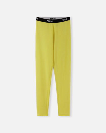 Front view of the yellow Reima Lani kids' thermal base layer leggings, featuring a comfortable elastic waistband with clean Reima branding.