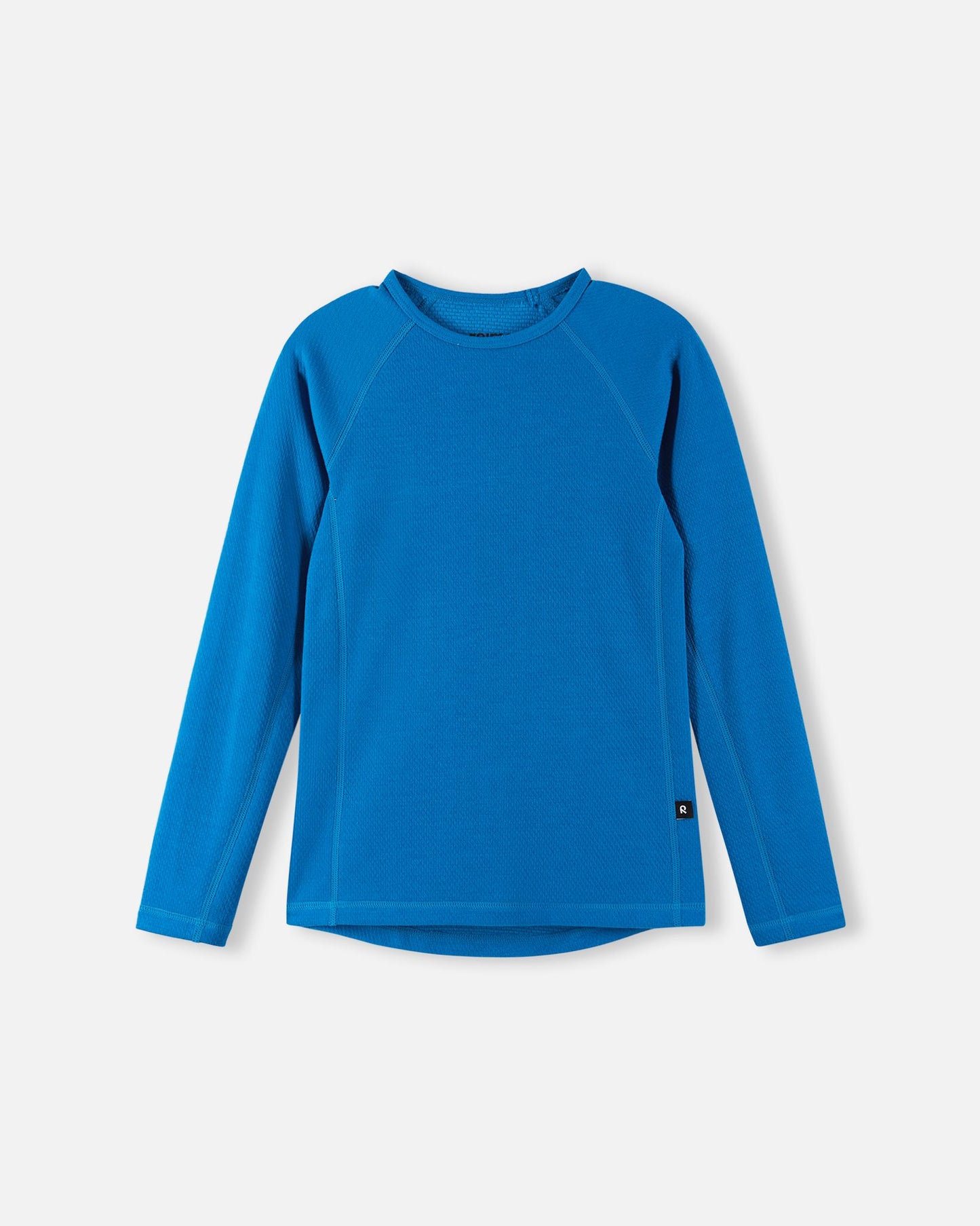 Front view of the bright blue Reima Lani kids' Thermolite long-sleeve thermal shirt, featuring raglan sleeves and lightweight, moisture-wicking fabric for optimal warmth.