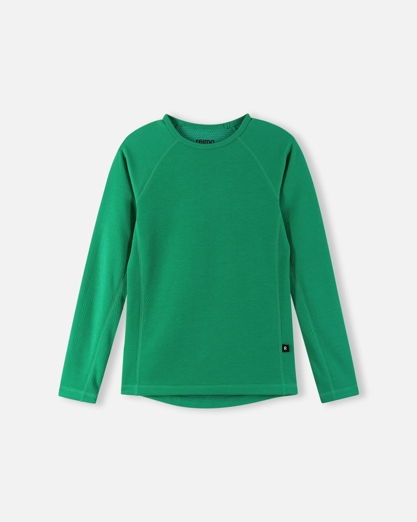 Front view of the green Reima Lani kids' Thermolite long-sleeve thermal top, featuring raglan sleeves and lightweight, moisture-wicking fabric for optimal warmth.