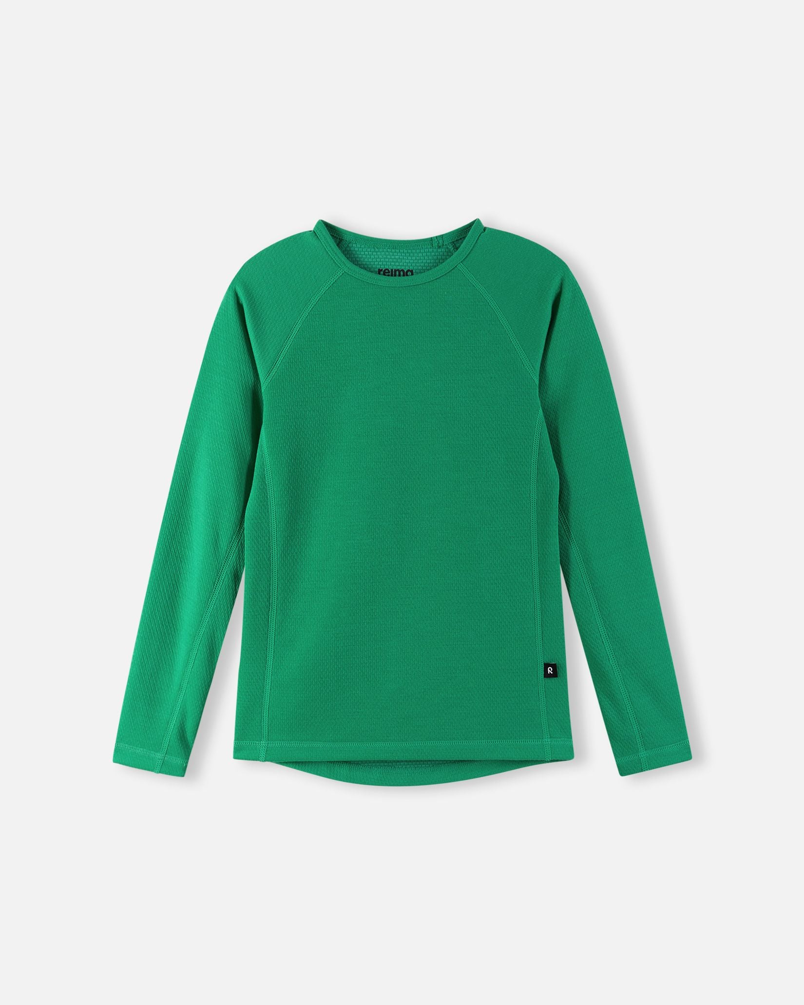 Front view of the green Reima Lani kids' Thermolite long-sleeve thermal top, featuring raglan sleeves and lightweight, moisture-wicking fabric for optimal warmth.