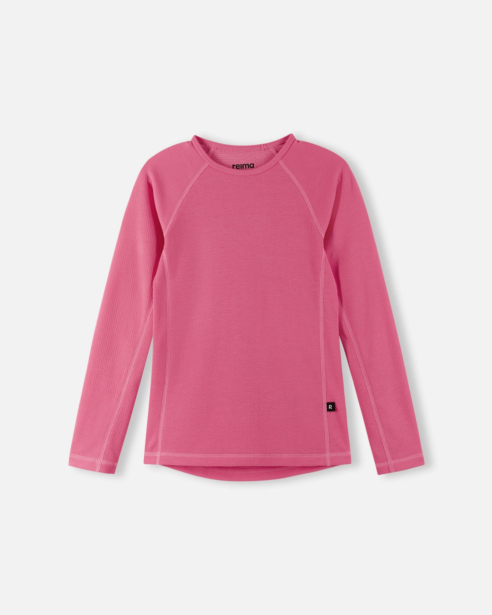 Front view of the soft coral Reima Lani kids' Thermolite long-sleeve thermal shirt, highlighting the breathable, moisture-wicking knit fabric for optimal temperature regulation.