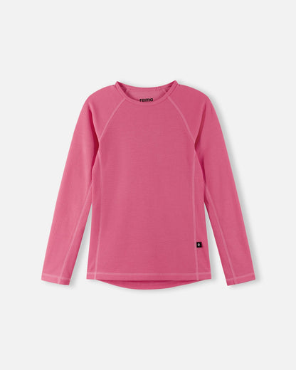 Front view of the soft coral Reima Lani kids' Thermolite long-sleeve thermal shirt, highlighting the breathable, moisture-wicking knit fabric for optimal temperature regulation.