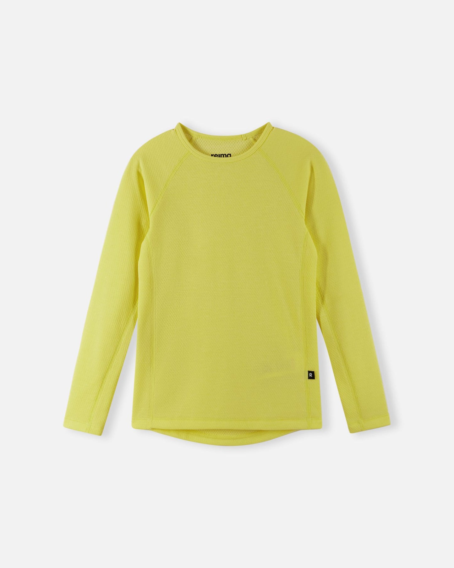 Front view of the yellow Reima Lani kids' Thermolite long-sleeve thermal shirt, highlighting the breathable, moisture-wicking knit fabric for optimal temperature regulation.