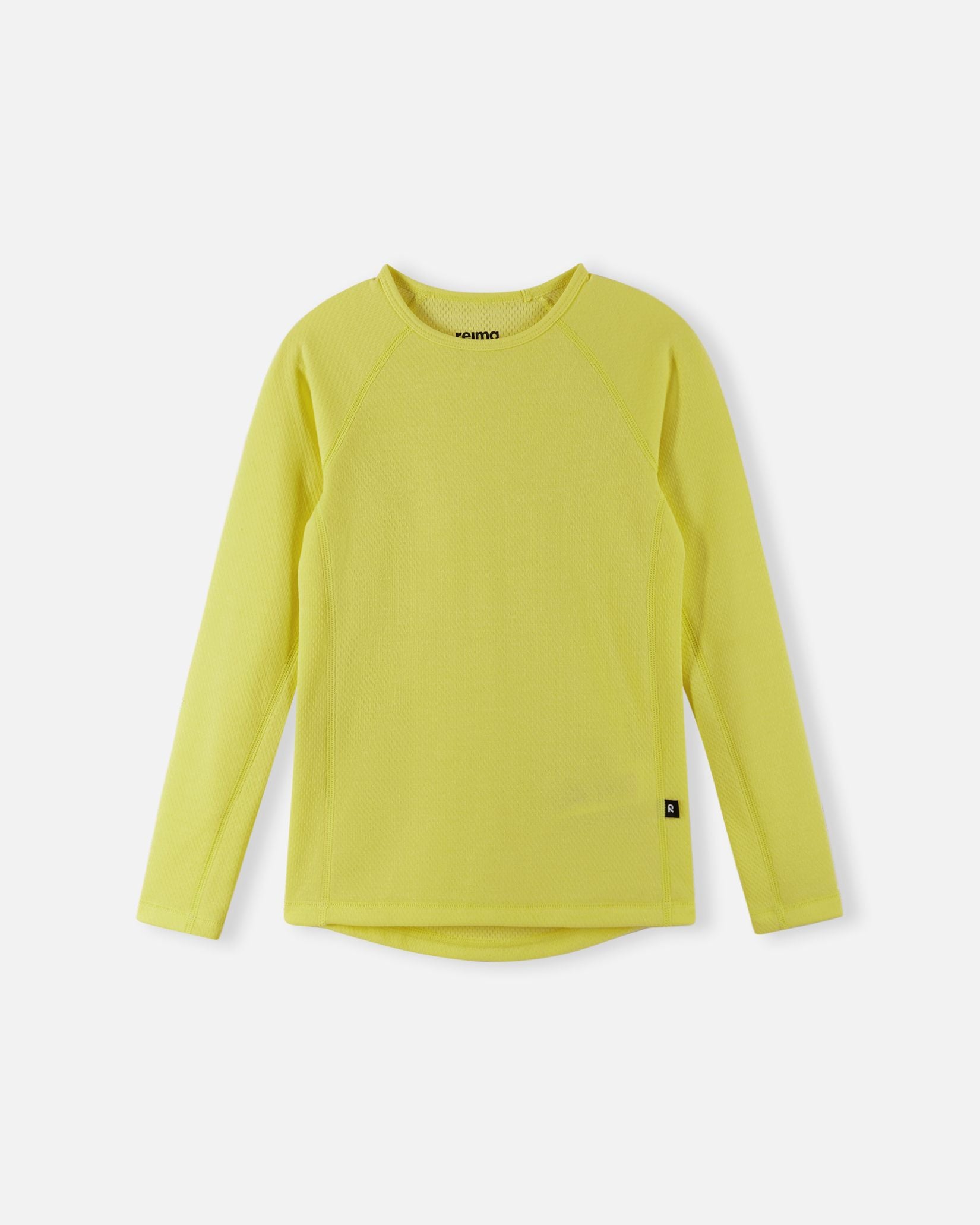 Front view of the yellow Reima Lani kids' Thermolite long-sleeve thermal shirt, highlighting the breathable, moisture-wicking knit fabric for optimal temperature regulation.