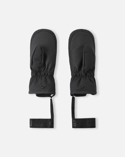 Flat lay view of the palms of the black Reima Lapases kids' ski mittens, showcasing the tough reinforced gripping palms and thumbs designed to withstand active winter play and handle ski poles.