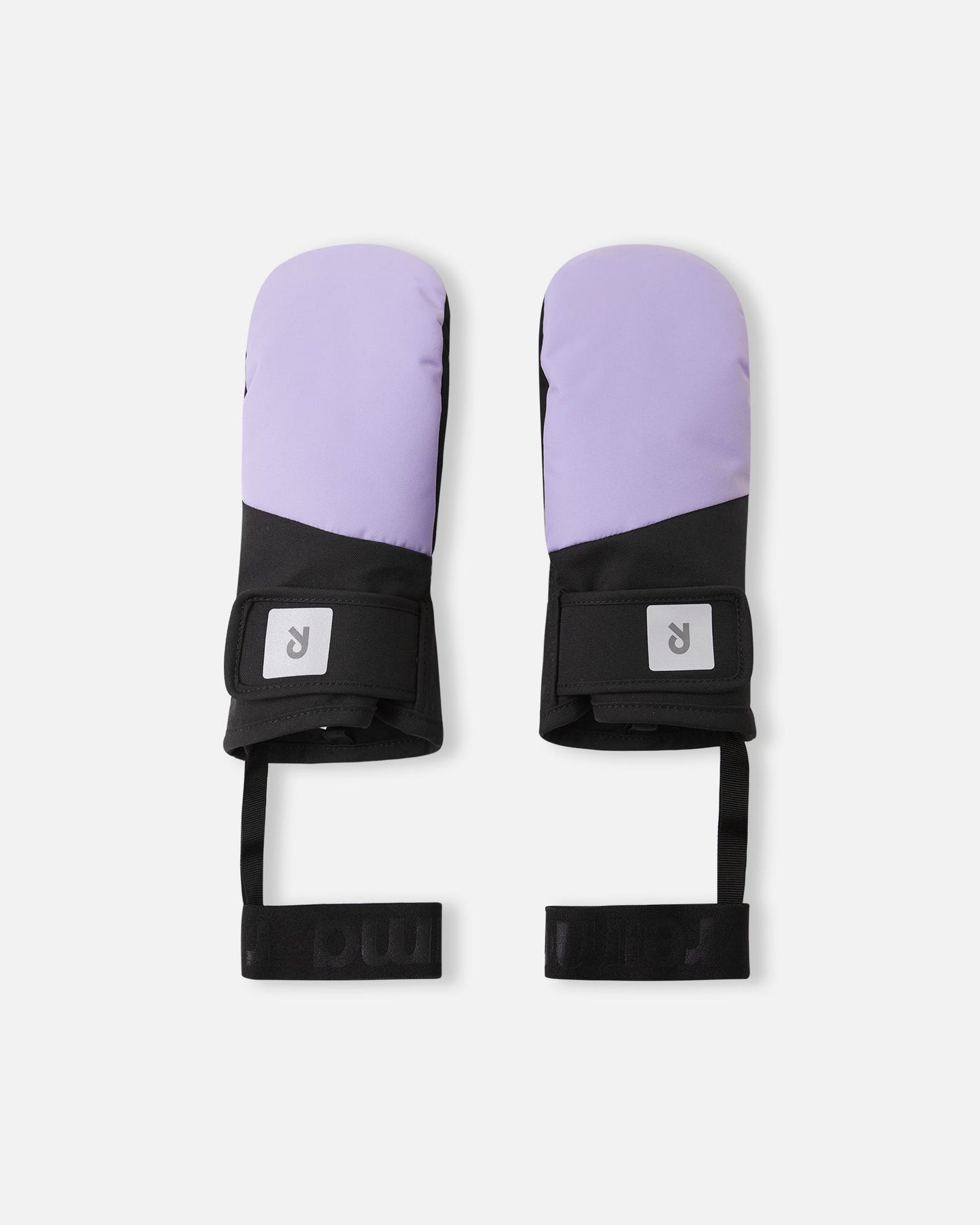 Flat lay view of the backs of the blooming lilac purple Reima Lapases kids' ski mittens. The image showcases the waterproof Reimatec fabric, an easy-to-use hook-and-loop adjustable wrist strap, and attached elastic safety wrist leashes.