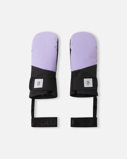 Flat lay view of the backs of the blooming lilac purple Reima Lapases kids' ski mittens. The image showcases the waterproof Reimatec fabric, an easy-to-use hook-and-loop adjustable wrist strap, and attached elastic safety wrist leashes.