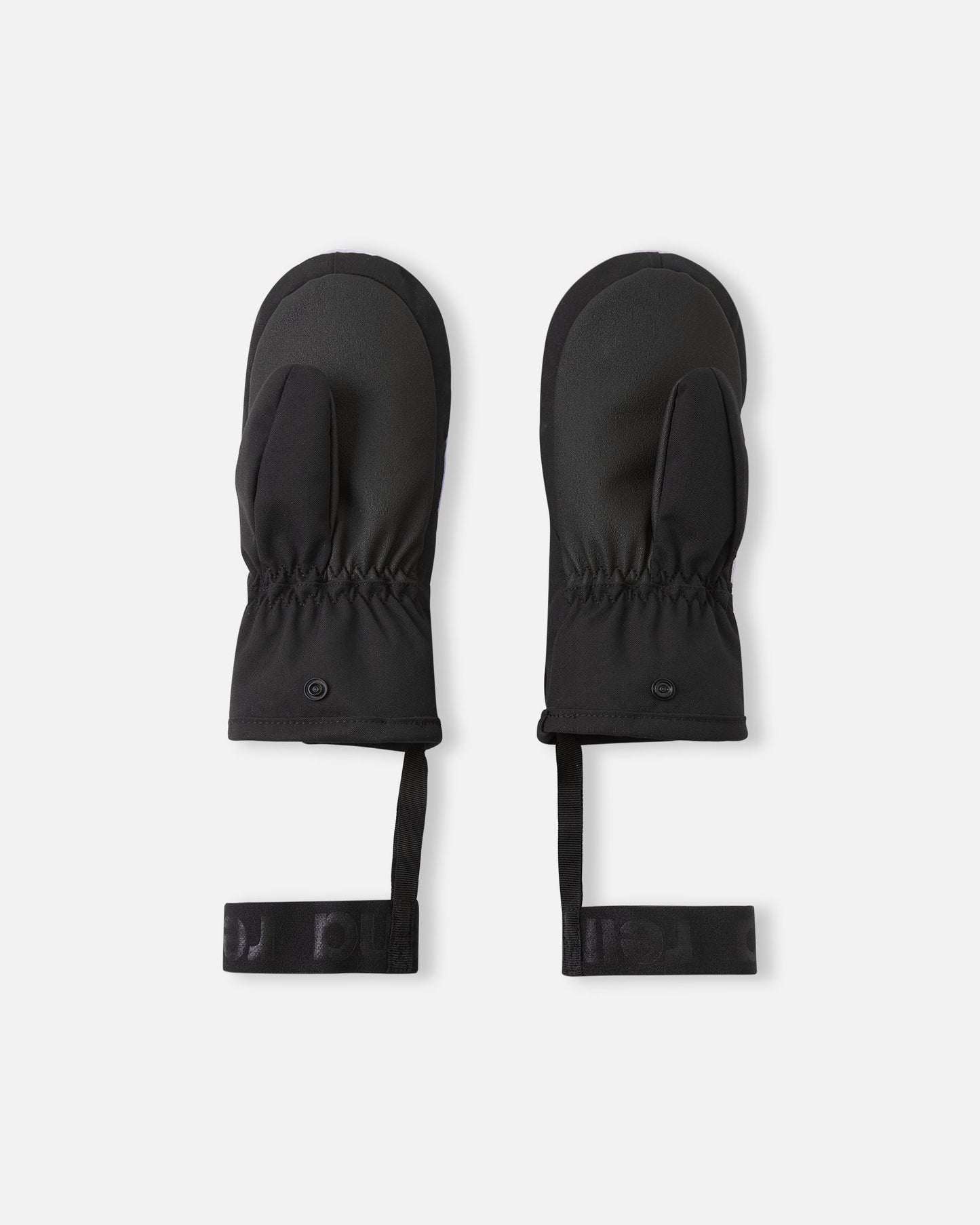 Flat lay view of the palms of the blooming lilac Reima Lapases kids' ski mittens, featuring a highly durable black reinforced gripping surface on the thumbs and palms designed to withstand active winter play.