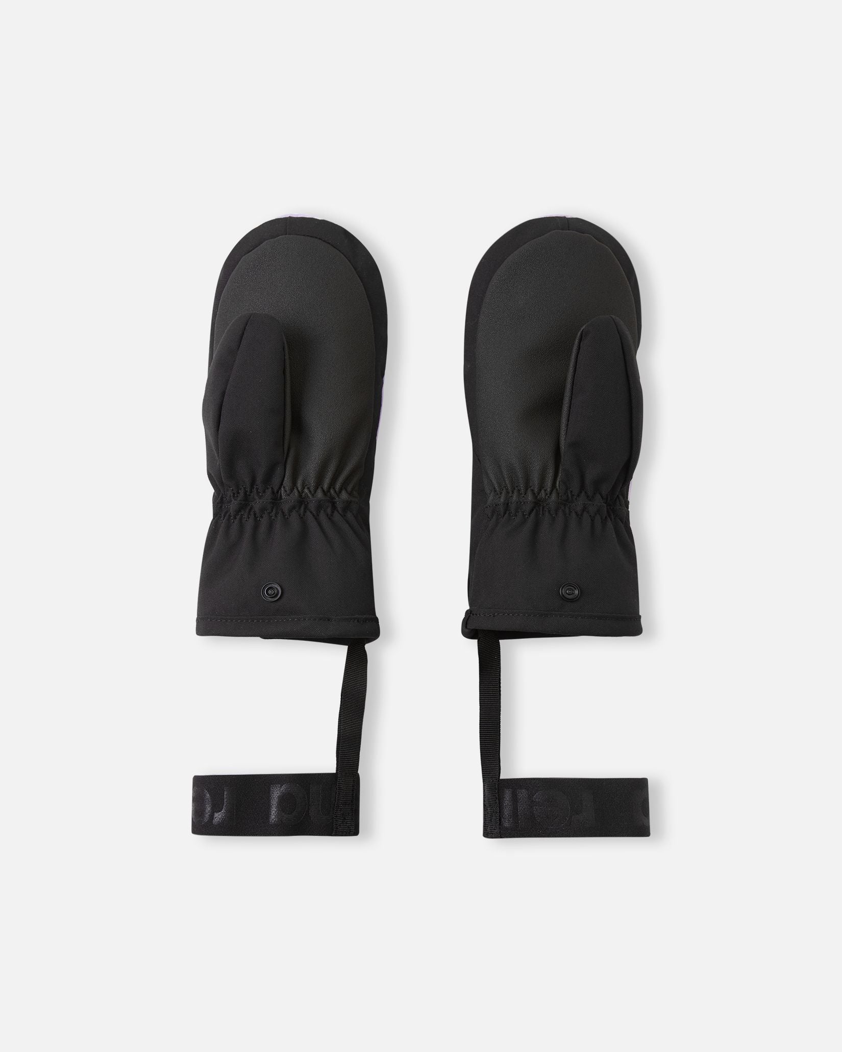 Flat lay view of the palms of the blooming lilac Reima Lapases kids' ski mittens, featuring a highly durable black reinforced gripping surface on the thumbs and palms designed to withstand active winter play.