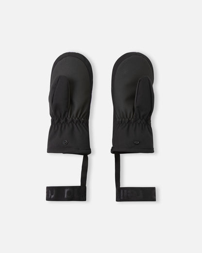 Flat lay view of the palms of the blooming lilac Reima Lapases kids' ski mittens, featuring a highly durable black reinforced gripping surface on the thumbs and palms designed to withstand active winter play.