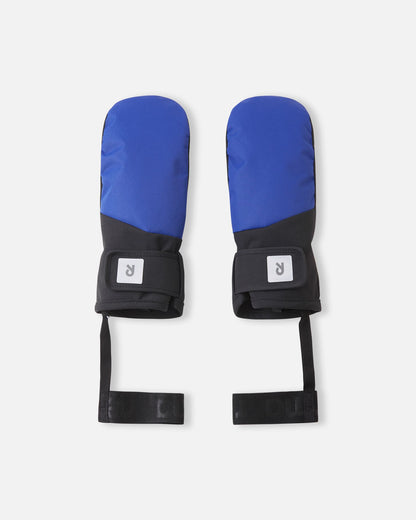 Flat lay view of the backs of the twilight blue Reima Lapases kids' ski mittens, featuring waterproof technical fabric, easy-to-use hook-and-loop adjustable wrist straps, and attached elastic safety wrist leashes.